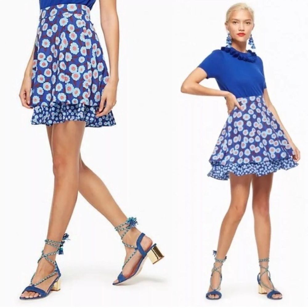 Kate Spade Tangier Floral Double Layer 100% Silk Mini Skirt Blue 8